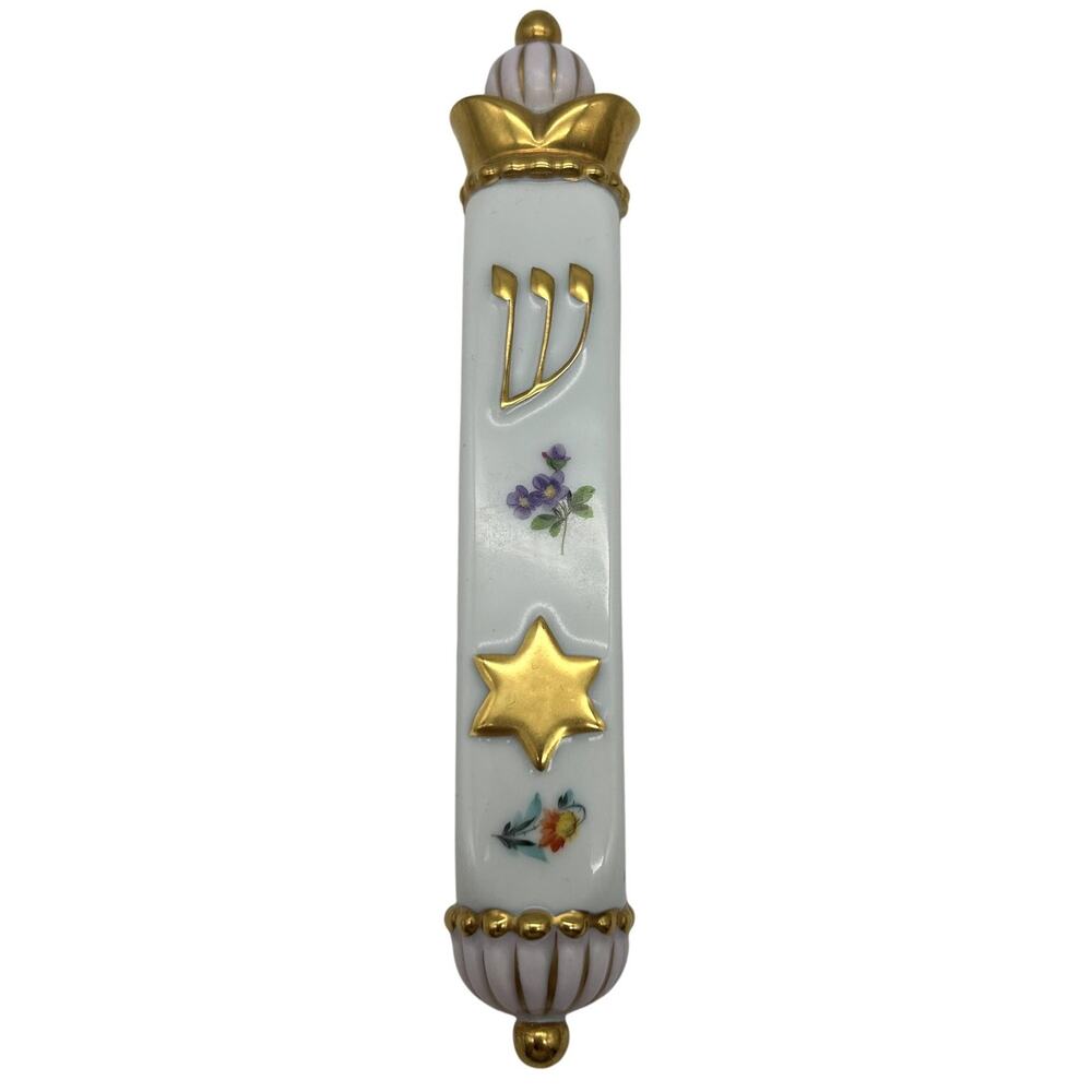 Herend Hungary Hand Painted Porcelain Mezuzah Floral Gold Star of David 2002